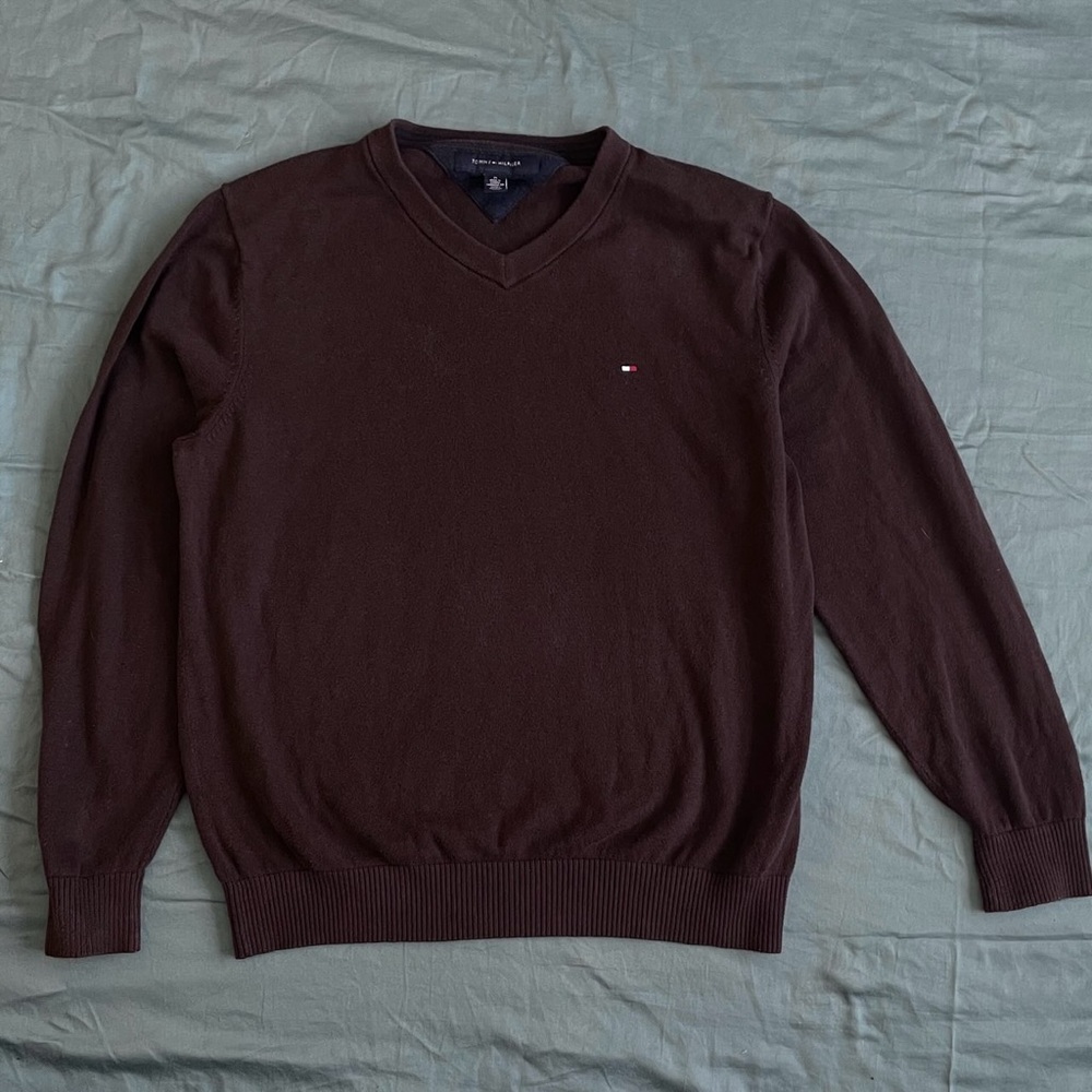 Tommy Hilfiger Brown V-Neck Cotton Brown Sweater Medium